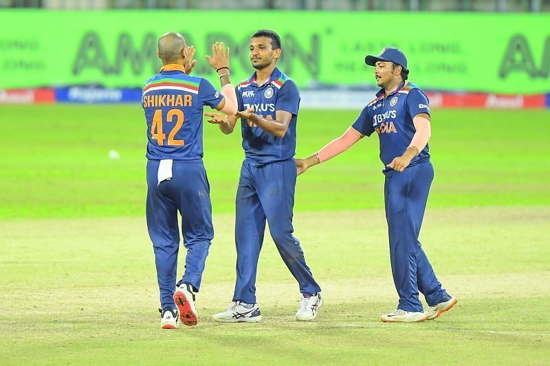 Chetan Sakariya (centre) made his India debut during the tour of Sri Lanka.