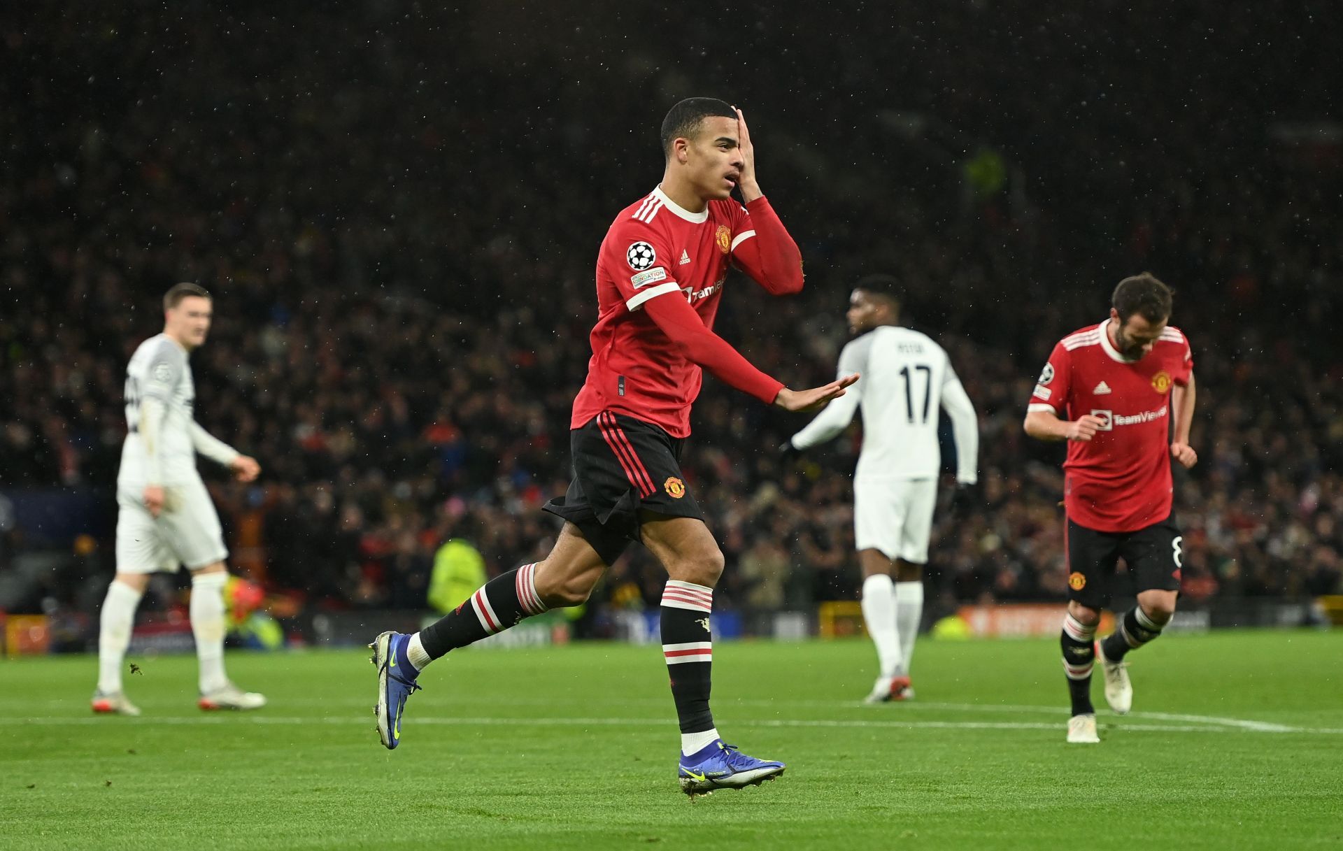 Manchester United&#039;s Mason Greenwood celebrates after netting a goal.