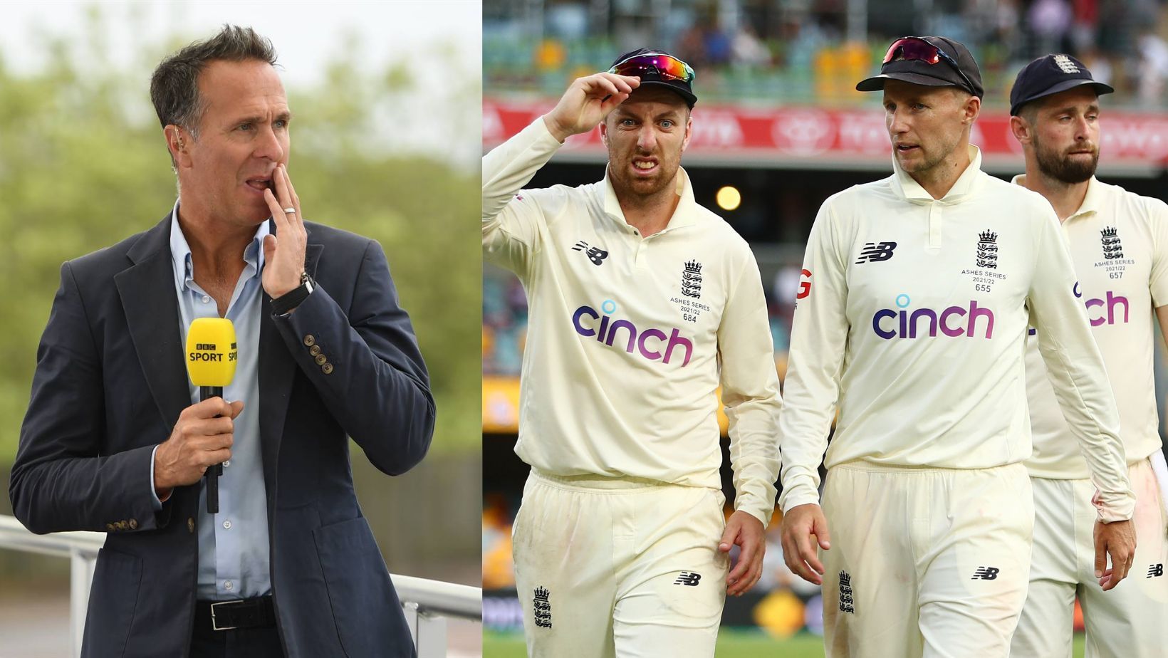 Michael Vaughan (L, PC: mirror.co.uk) criticizes Joe Root and Co. after Gabba defeat.