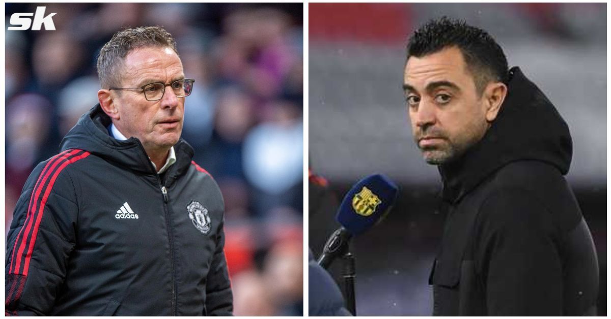 Manchester United Interim manager Ralf Ragnick and Barcelona Manager Xavi Hernandez