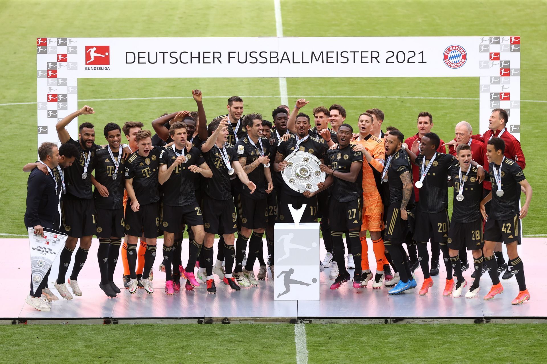 Bayern Munich celebrate their 2020-21 Bundesliga title.