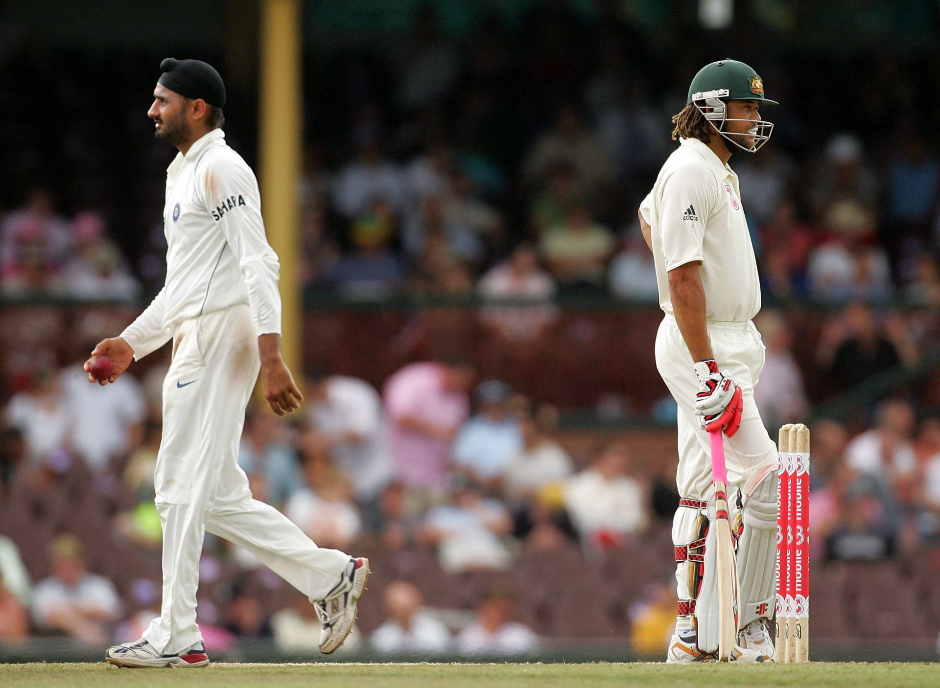 Harbhajan Singh and Andrew Symonds during the 2008 Sydney Test. Pic: Getty Images