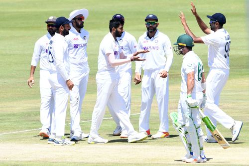 Team India celebrate the wicket of Dean Elgar. Pic: Getty Images