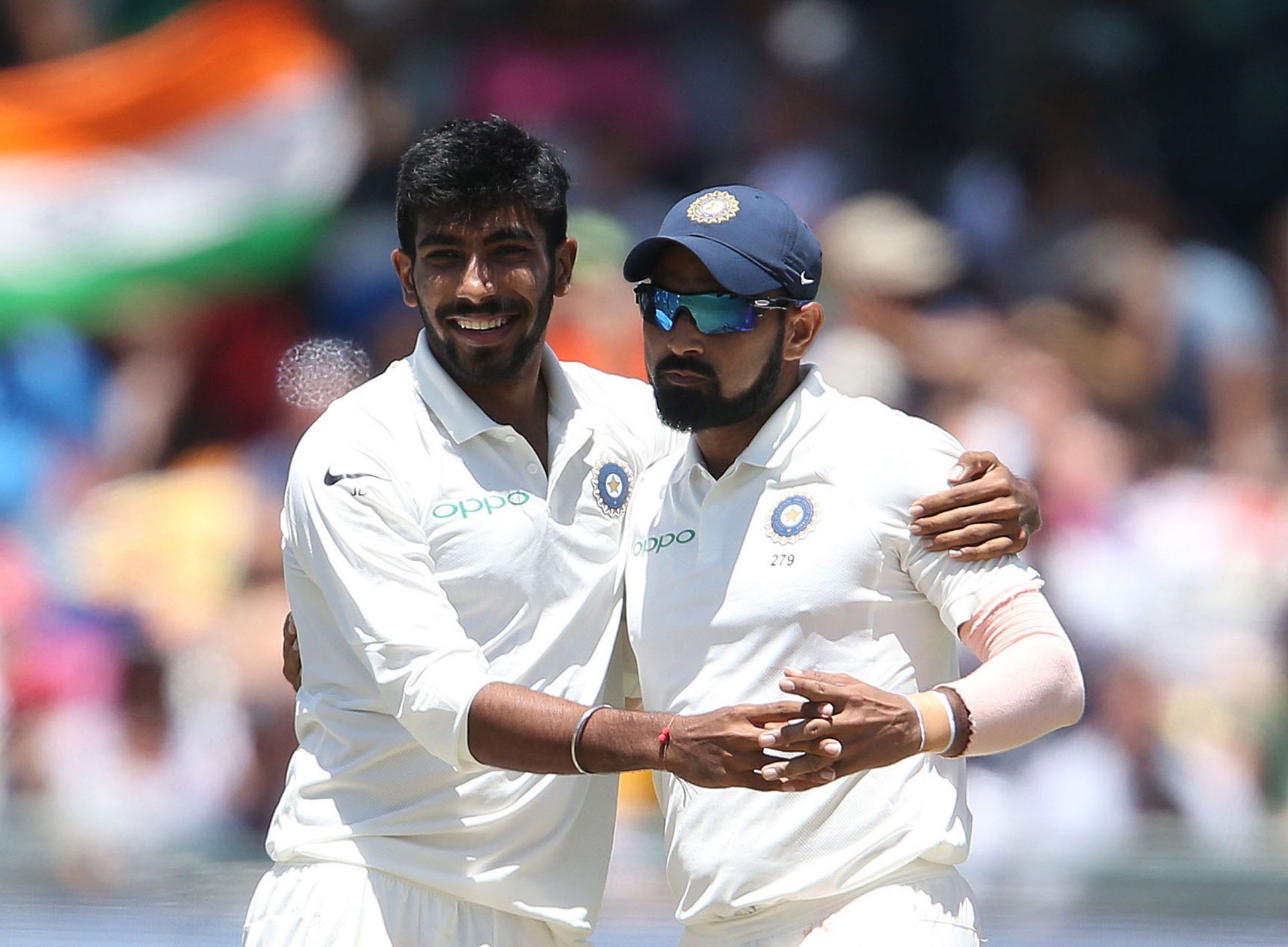 Jasprit Bumrah (L) during his debut Test. Pic: Getty Images