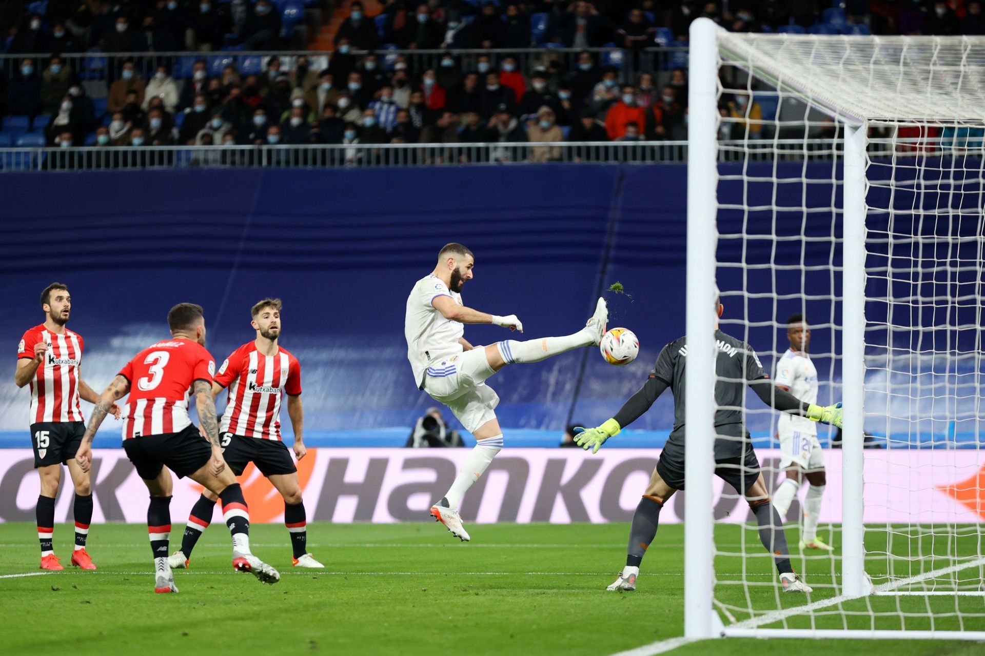 Karim Benzema tries to tuck one i