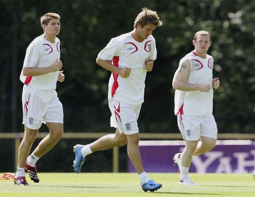 (From left to right) Steven Gerrard, David Beckham and Wayne Rooney during a training session for England.