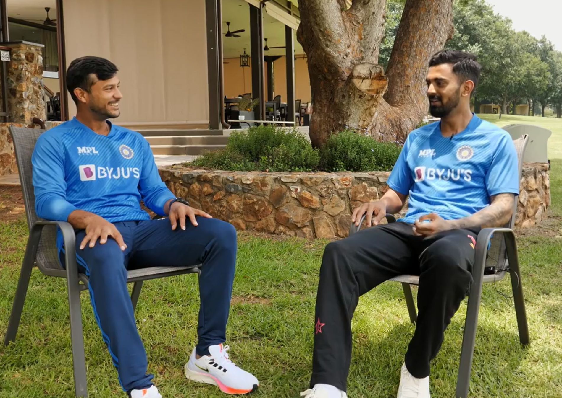 Mayank Agarwal (left) and KL Rahul share a light moment during their interaction. Pic: BCCI