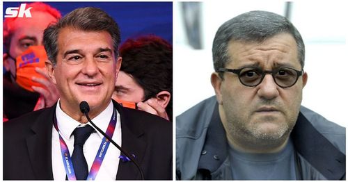 Barcelona president Joan Laporta (l) and Mino Raiola (r).