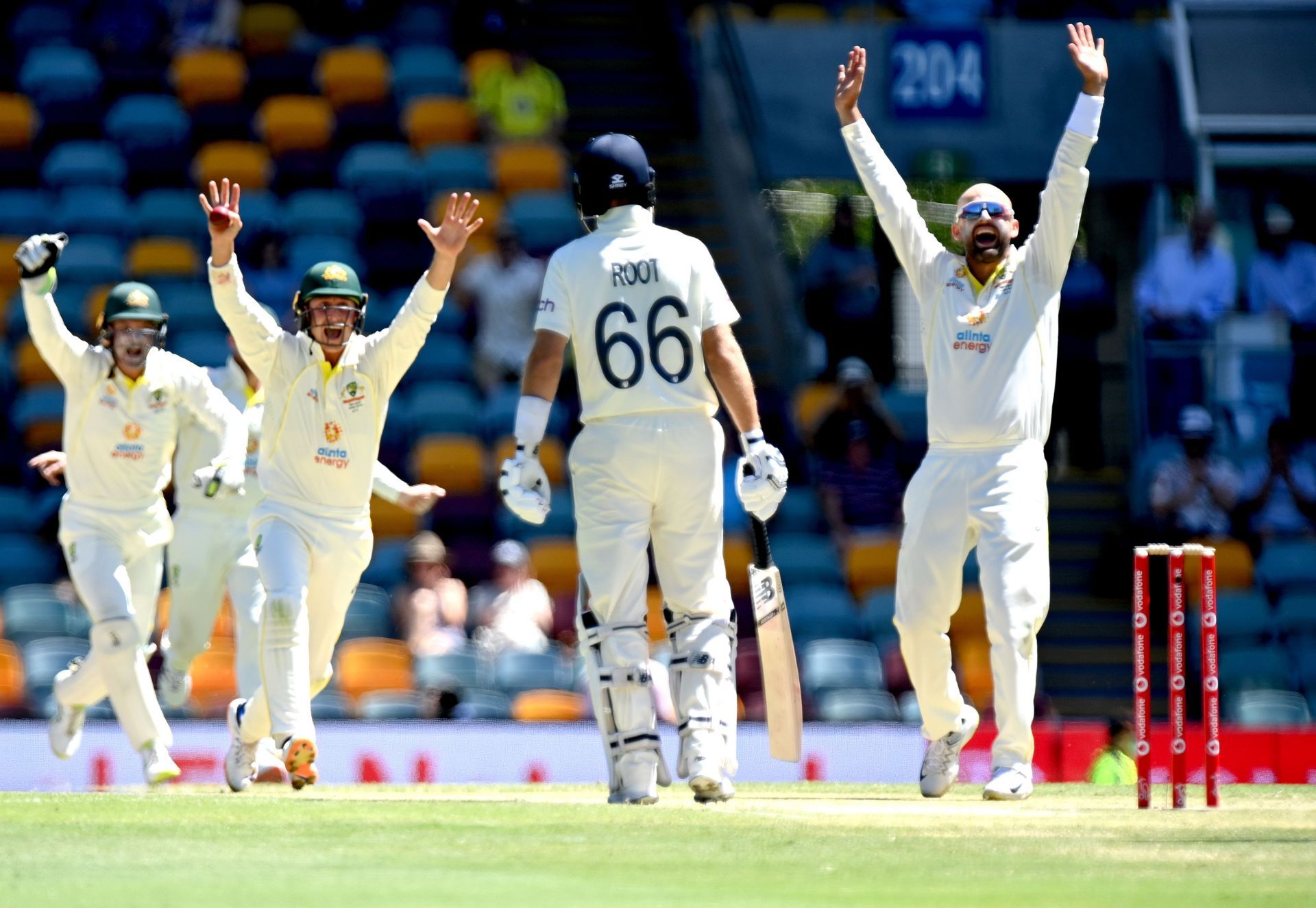 Nathan Lyon celebrates after taking his 400th test wicket after dismissing Dawid Malan of England for 82. Pic: Getty Images