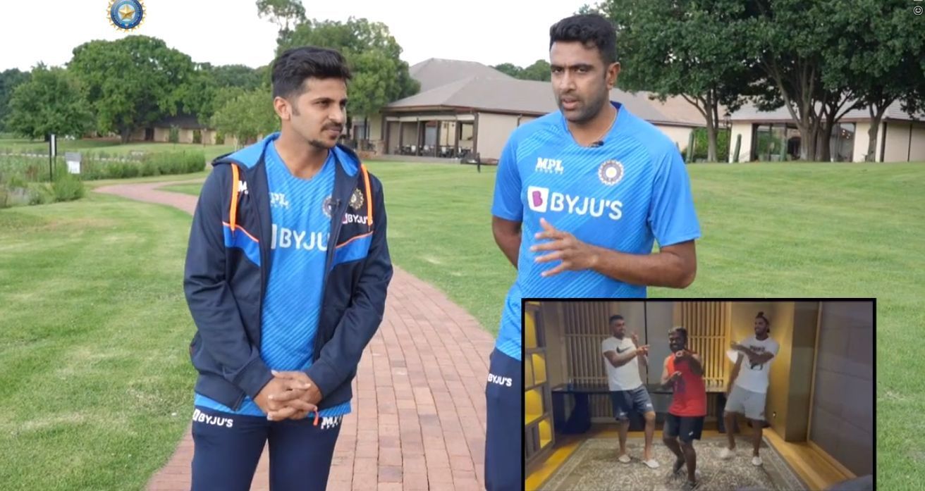 Shardul Thakur (left) and Ravichandran Ashwin. Pic: BCCI; (Inset) Ashwin dancing with Hari Prasad Mohan and Washington Sundar