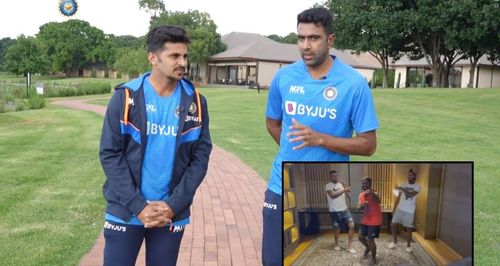 Shardul Thakur (left) and Ravichandran Ashwin. Pic: BCCI; (Inset) Ashwin dancing with Hari Prasad Mohan and Washington Sundar