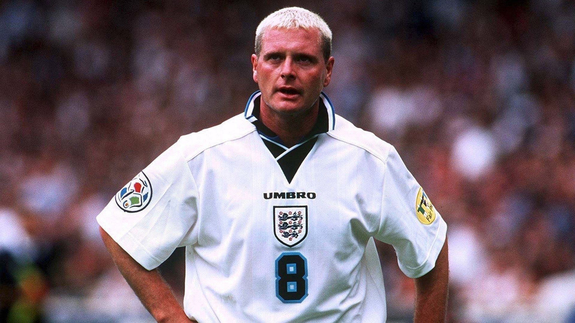 Paul Gascoigne with his dyed hair in an Umbro England shirt - a classic image.