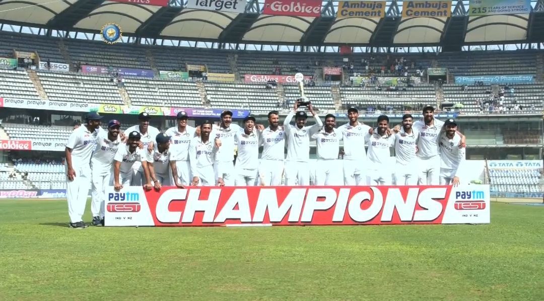 Indian team wins the Paytm Test Trophy in Mumbai on Monday.