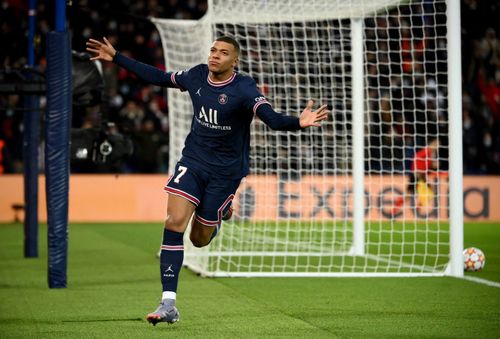 Mbappe celebrating his goal against Club Brugge.