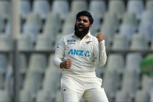 Ajaz Patel celebrates one of his ten scalps. Pic: ICC