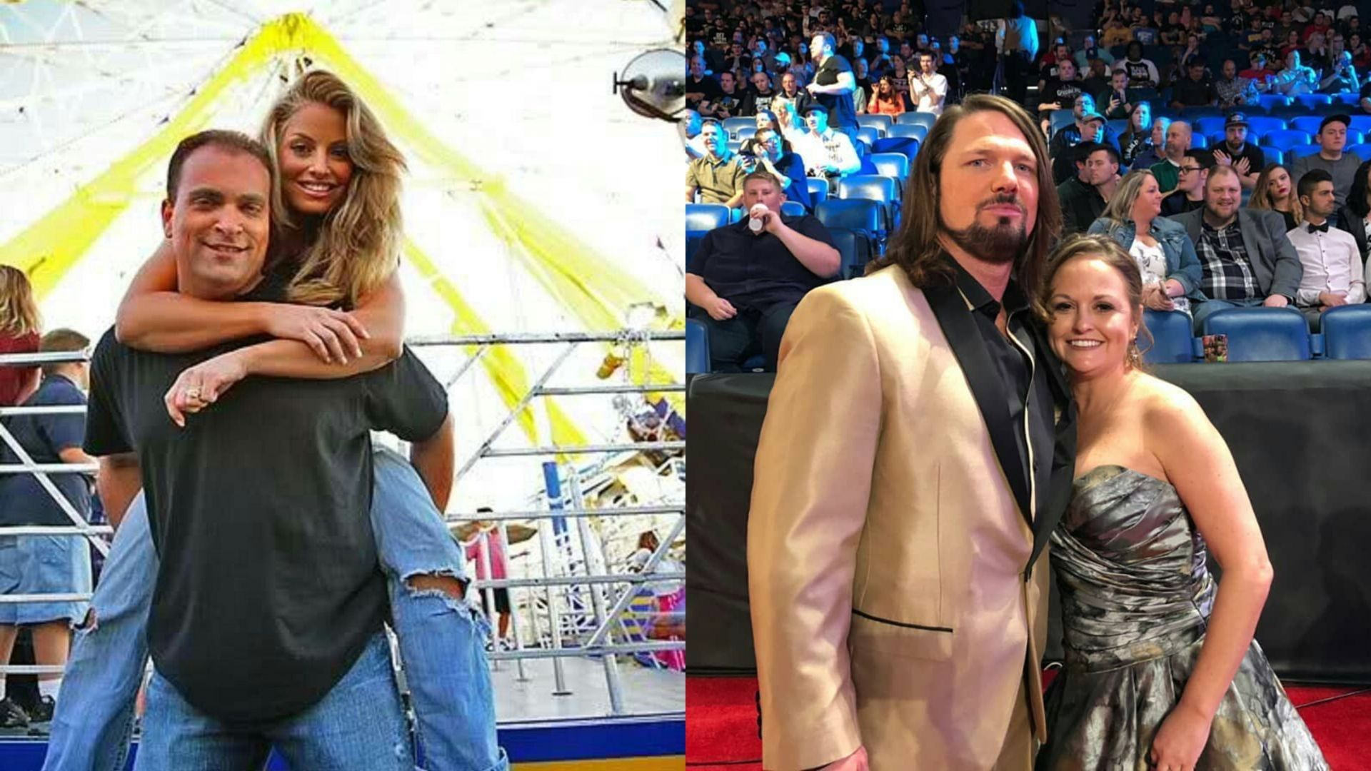 Trish Stratus with husband Ron Fisico (L) and AJ Styles with wife Wendy Jones (R)