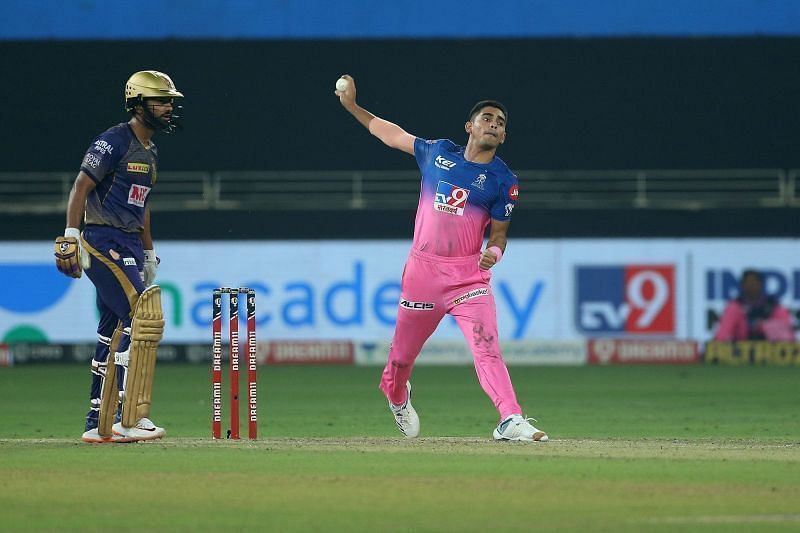 Kartik Tyagi bowling for Rajasthan Royals. Pic: IPLT20.COM