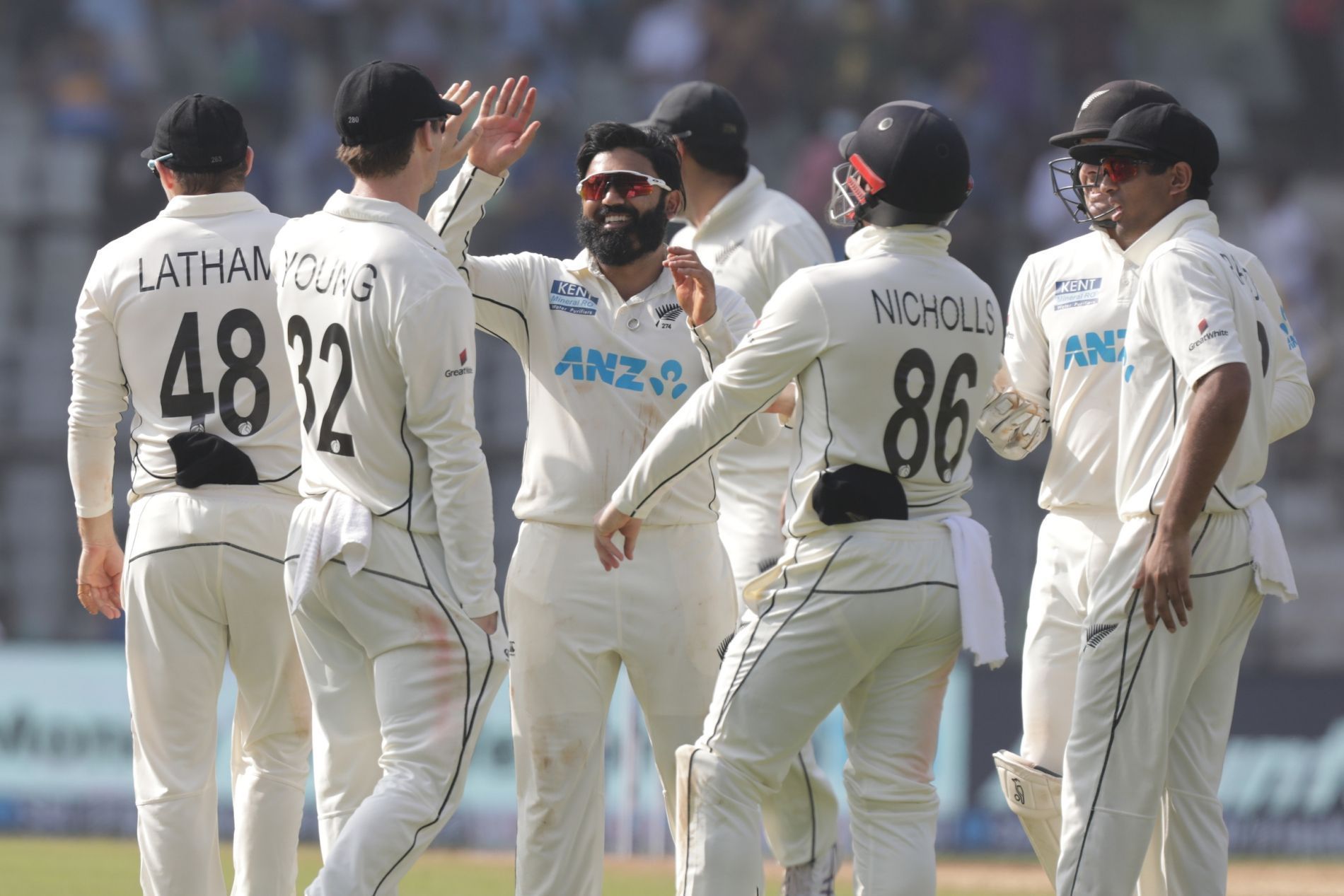 Ajaz Patel celebrates a wicket during the Mumbai Test. Pic: Black Caps/ Twitter