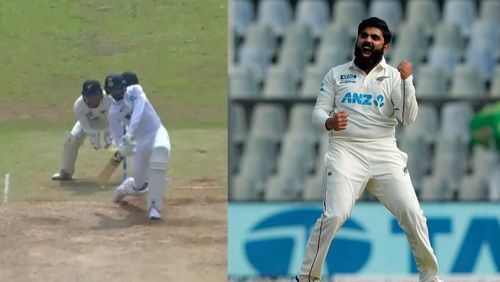 Mohammed Siraj's wild slog (L) and Ajaz Patel's celebration that followed (R).