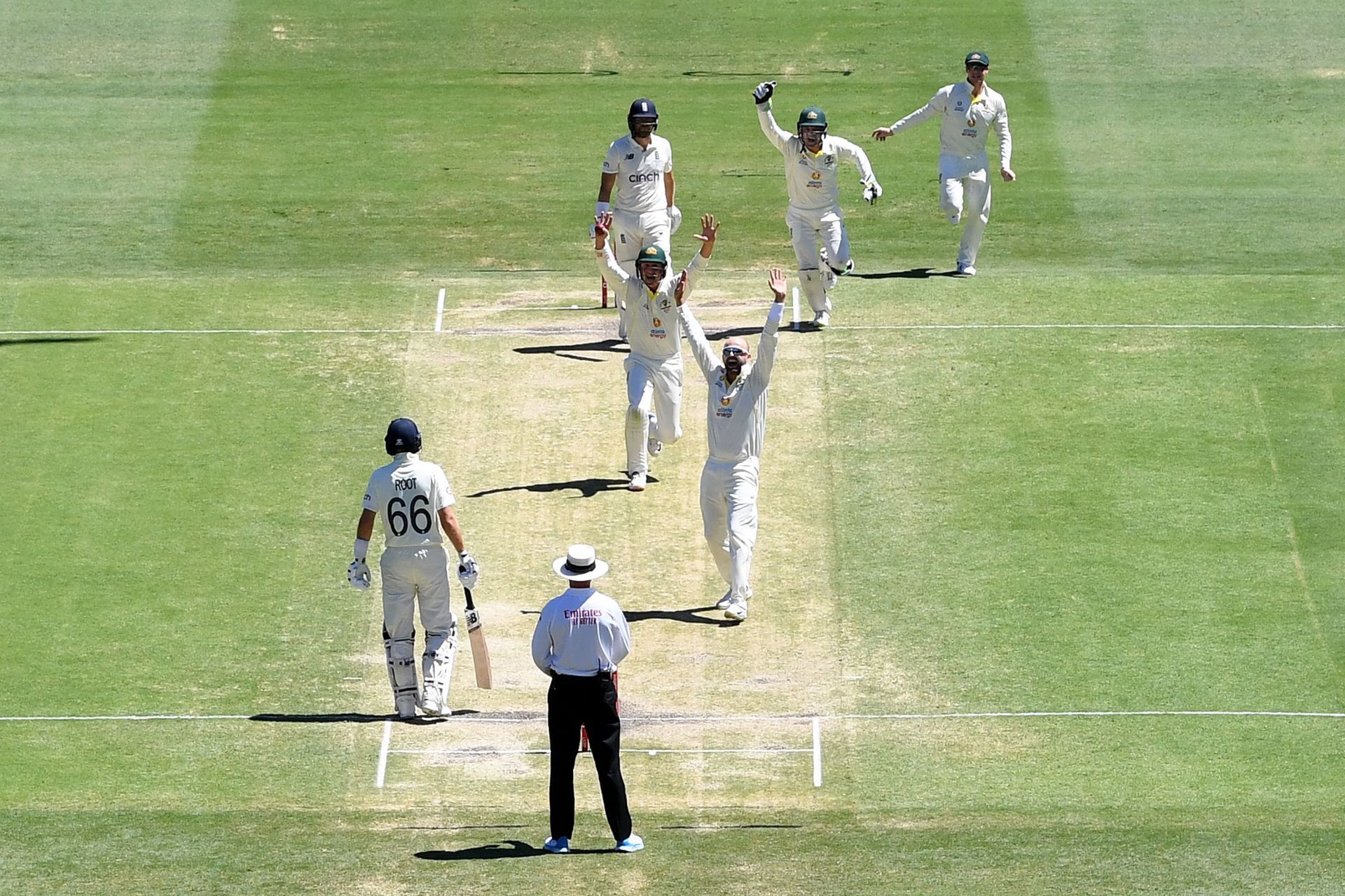 Nathan Lyon of Australia celebrates taking his 400th test wicket after dismissing Dawid Malan. Pic: Getty Images