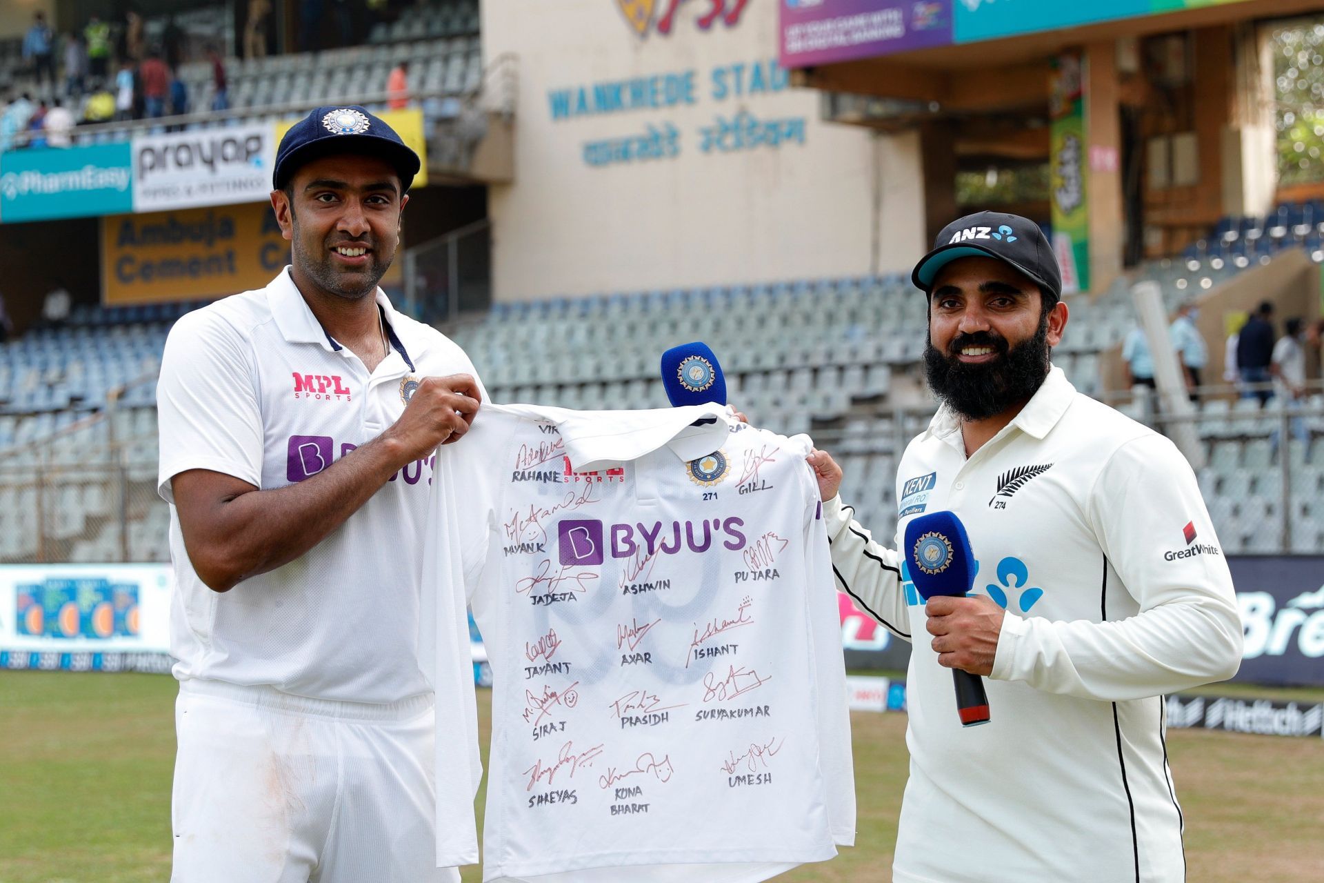 Team India presented a signed jersey to Ajaz Patel, who became only the third bowler to pick 10 wickets in an innings (Credit: BCCI)