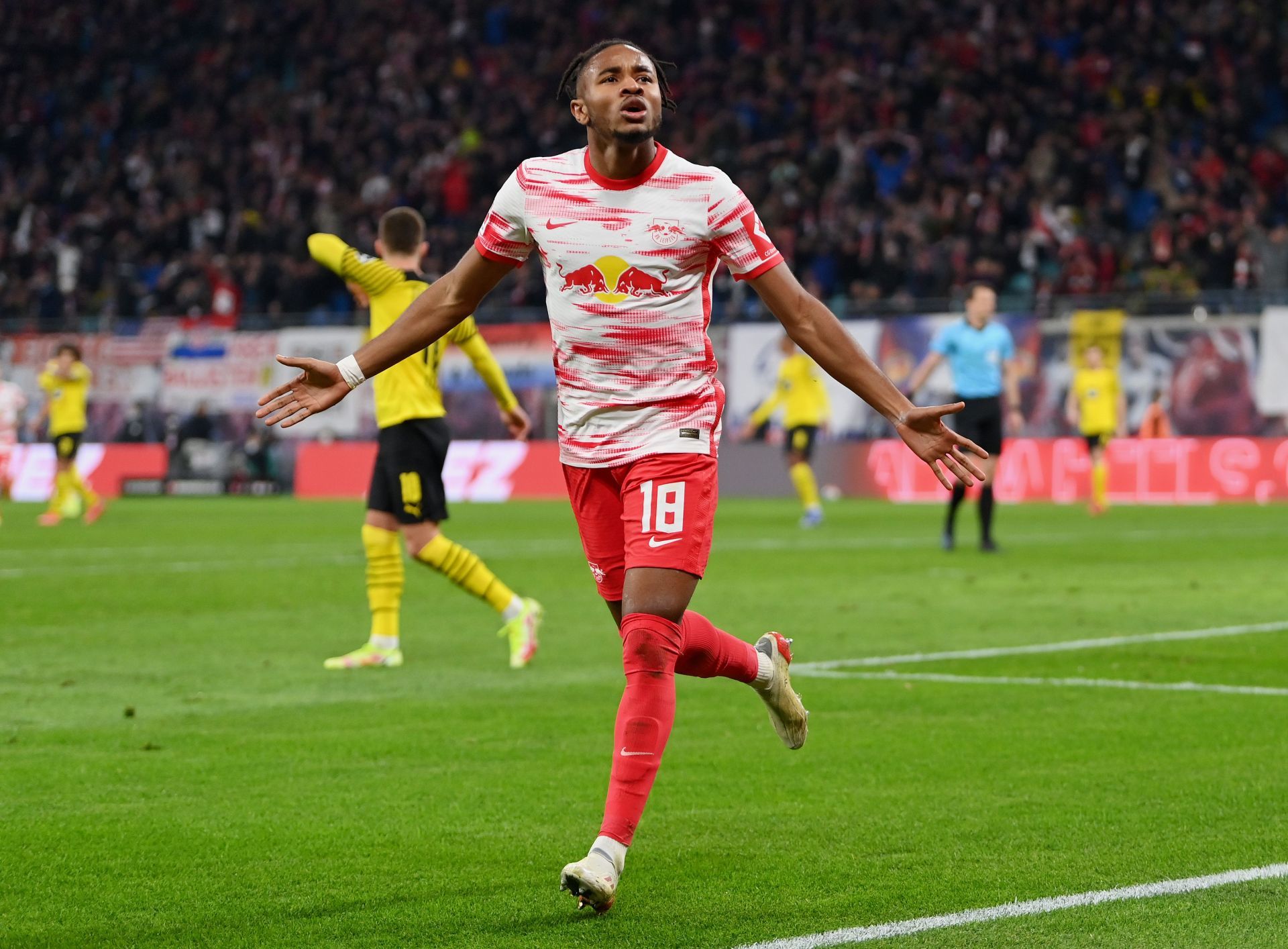 Christopher Nkunku for RB Leipzig v Borussia Dortmund - Bundesliga