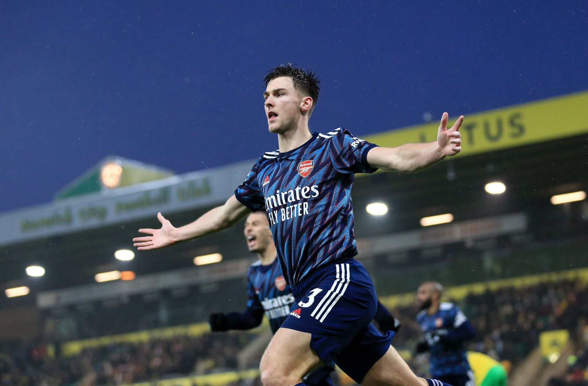 Kieran Tierney celebrates his goal against Norwich