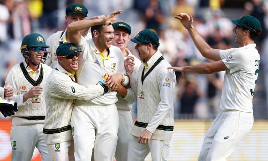 Scott Boland celebrating one of the wickets with his teammates
