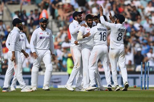 Jasprit Bumrah celebrates a wicket with teammates during the Test series in England. Pic: Getty Images