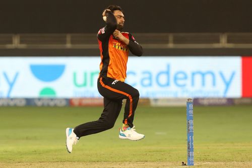 Rashid Khan bowling for SRH during IPL 2021. Pic: IPLT20,COM