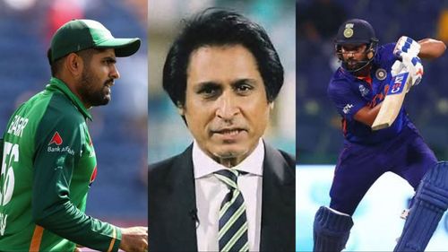 (L-R): Babar Azam, Ramiz Raja and Rohit Sharma