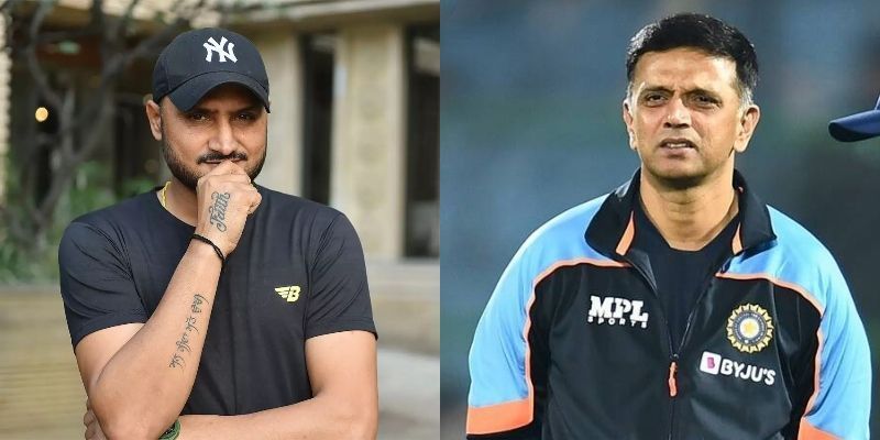 Rahul Dravid (R) extended his congratulations after Harbhajan Singh&#039;s (L) announced his retirement 