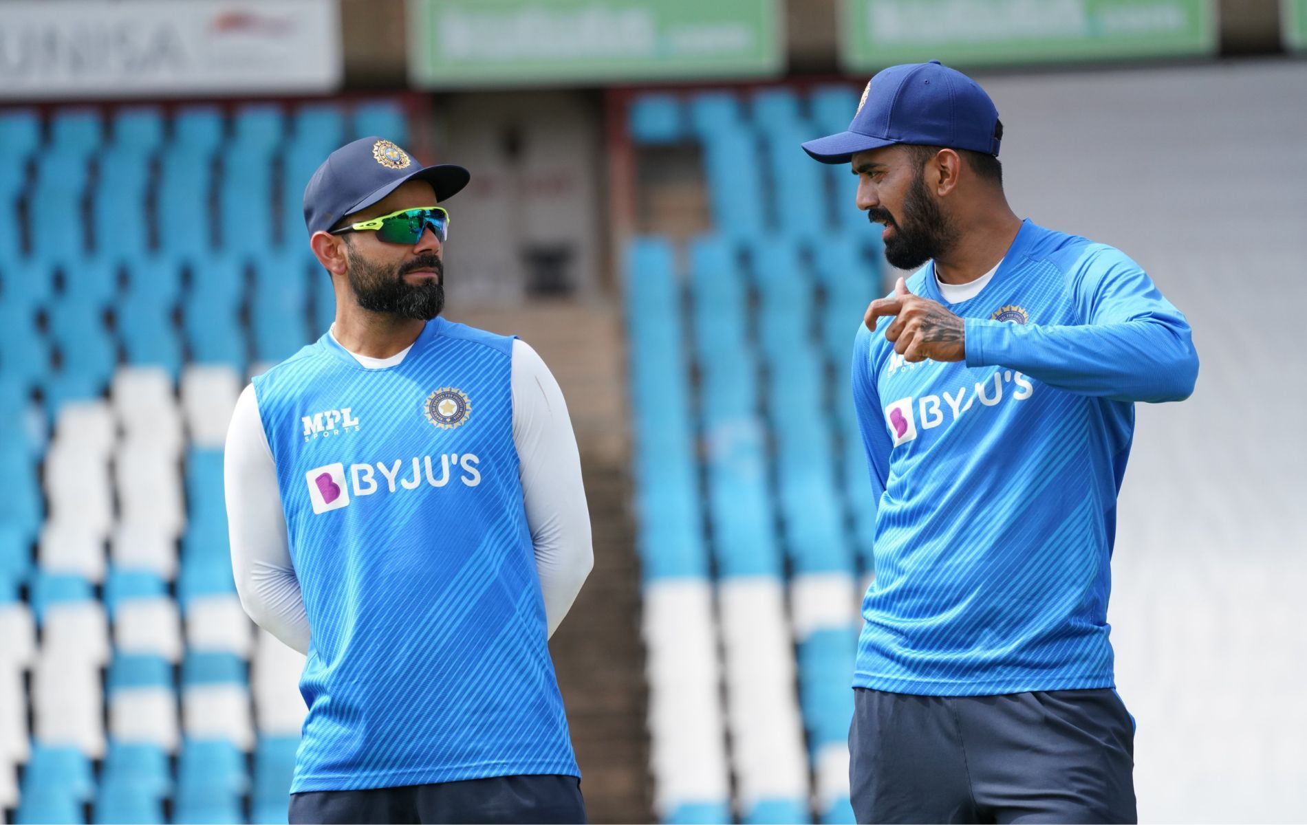 Virat Kohli chats with KL Rahul during India&#039;s training session on Tuesday in Centurion