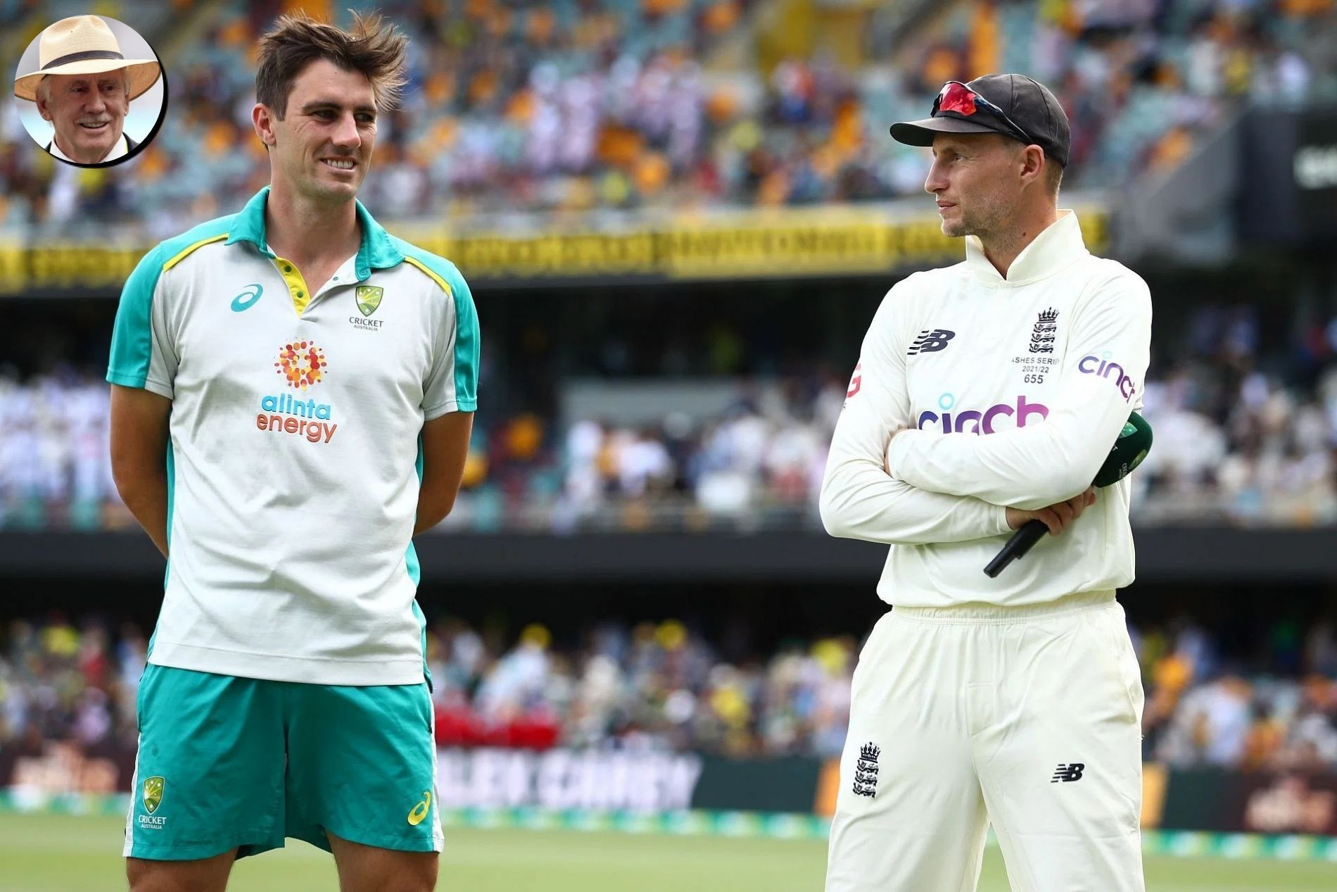 Pat Cummins and Joe Root. Pic: Getty Images; (inset) Greg Chappell