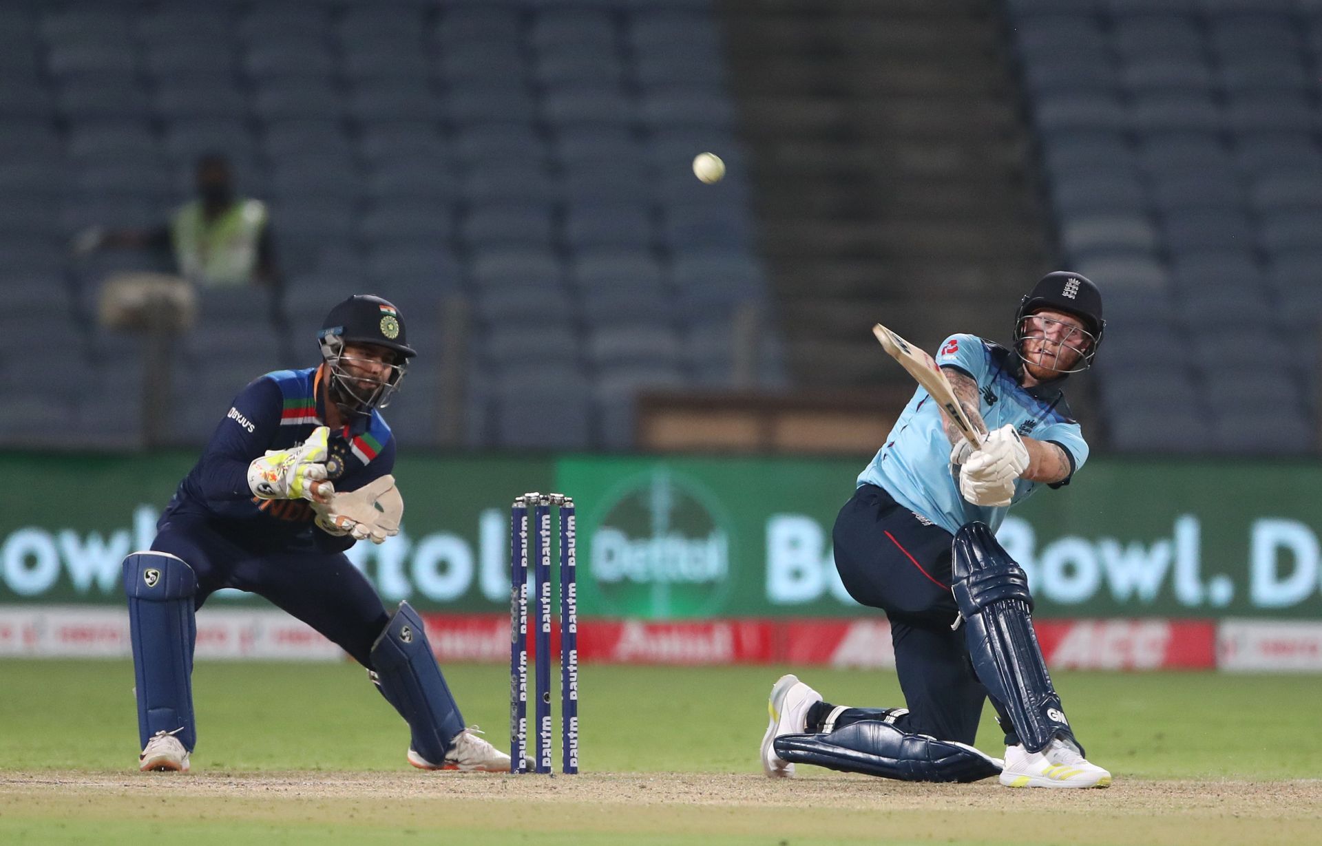 Ben Stokes hits during the 2nd ODI against India. Pic: Getty Images