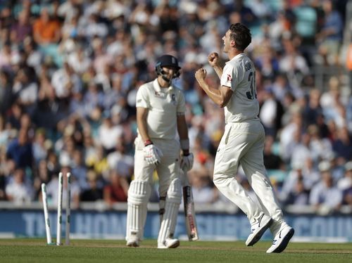 Pat Cummins celebrates Joe Root's dismissal. (Credits: Getty)