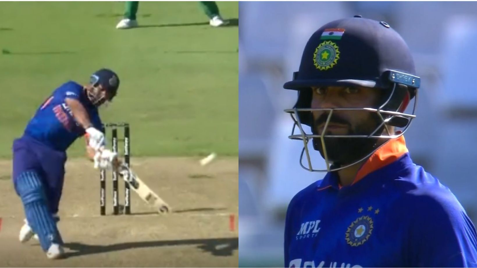 Rishabh Pant&#039;s poor shot (L) invited Virat Kohli&#039;s stare.