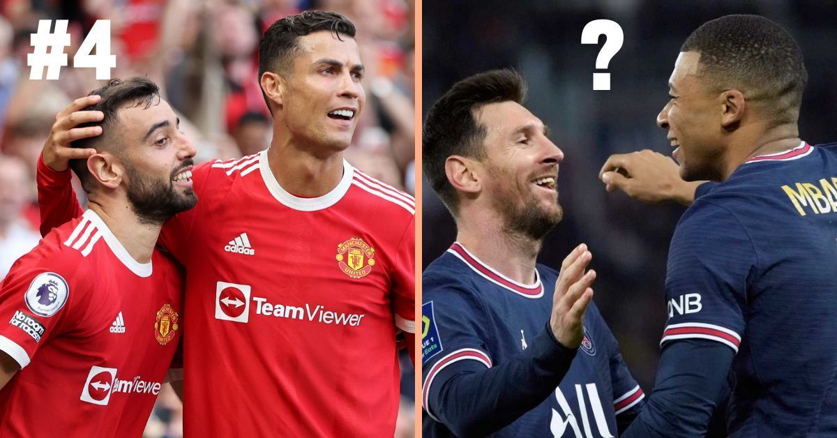 Bruno Fernandes and Cristiano Ronaldo of Manchester United and Lionel Messi and Kylian Mbappe of PSG
