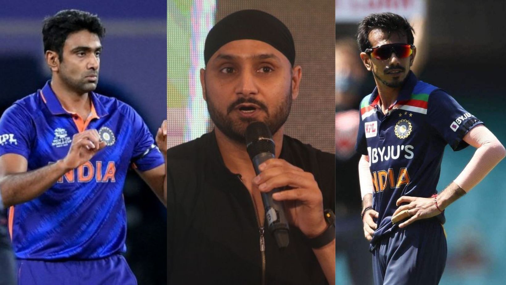 Ravichandran Ashwin, Harbhajan Singh and Yuzvendra Chahal (R).