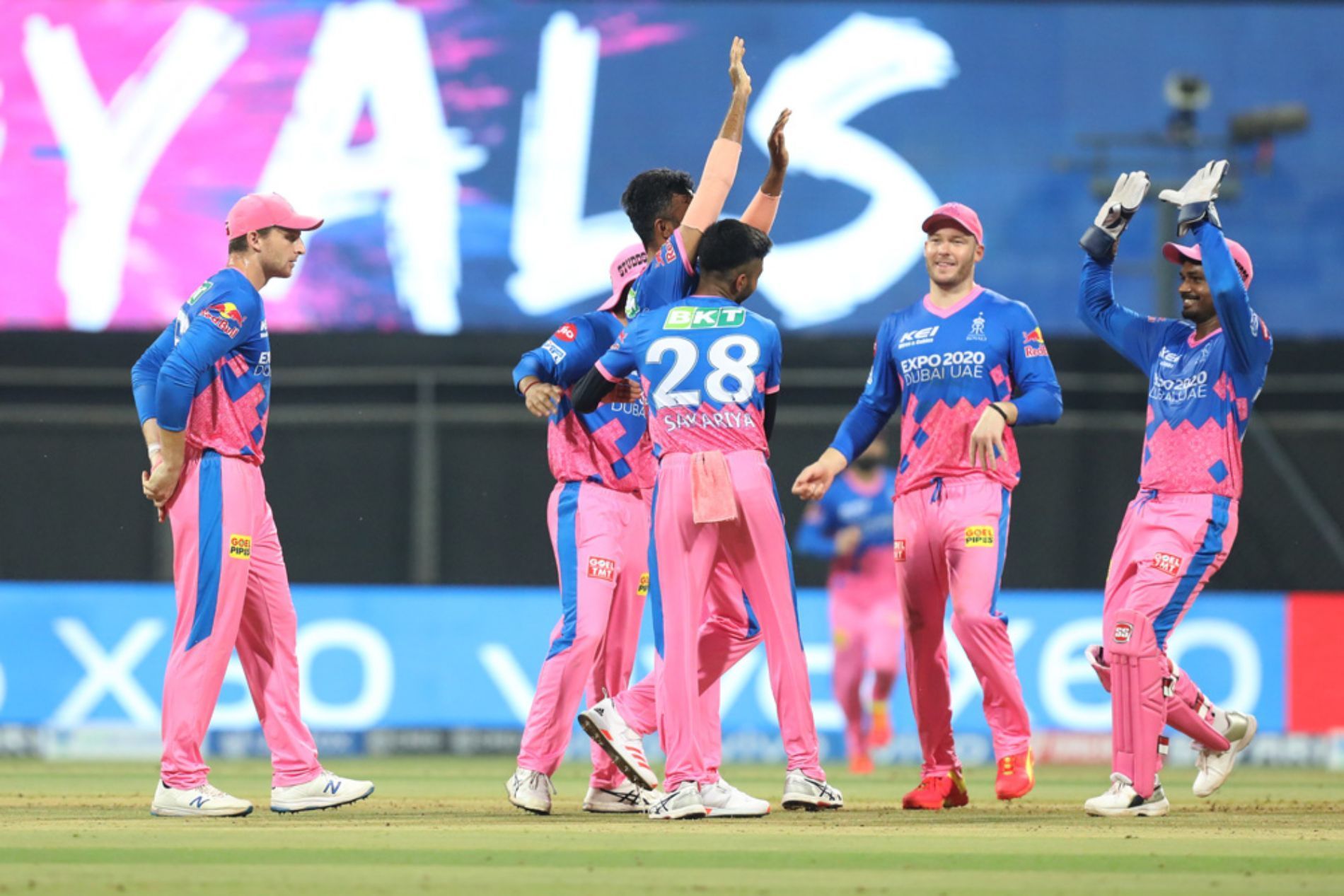 Rajasthan Royals (RR) players during an IPL 2021 encounter. Pic: IPLT20.COM