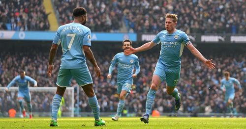 Manchester City players celebrate after the goal