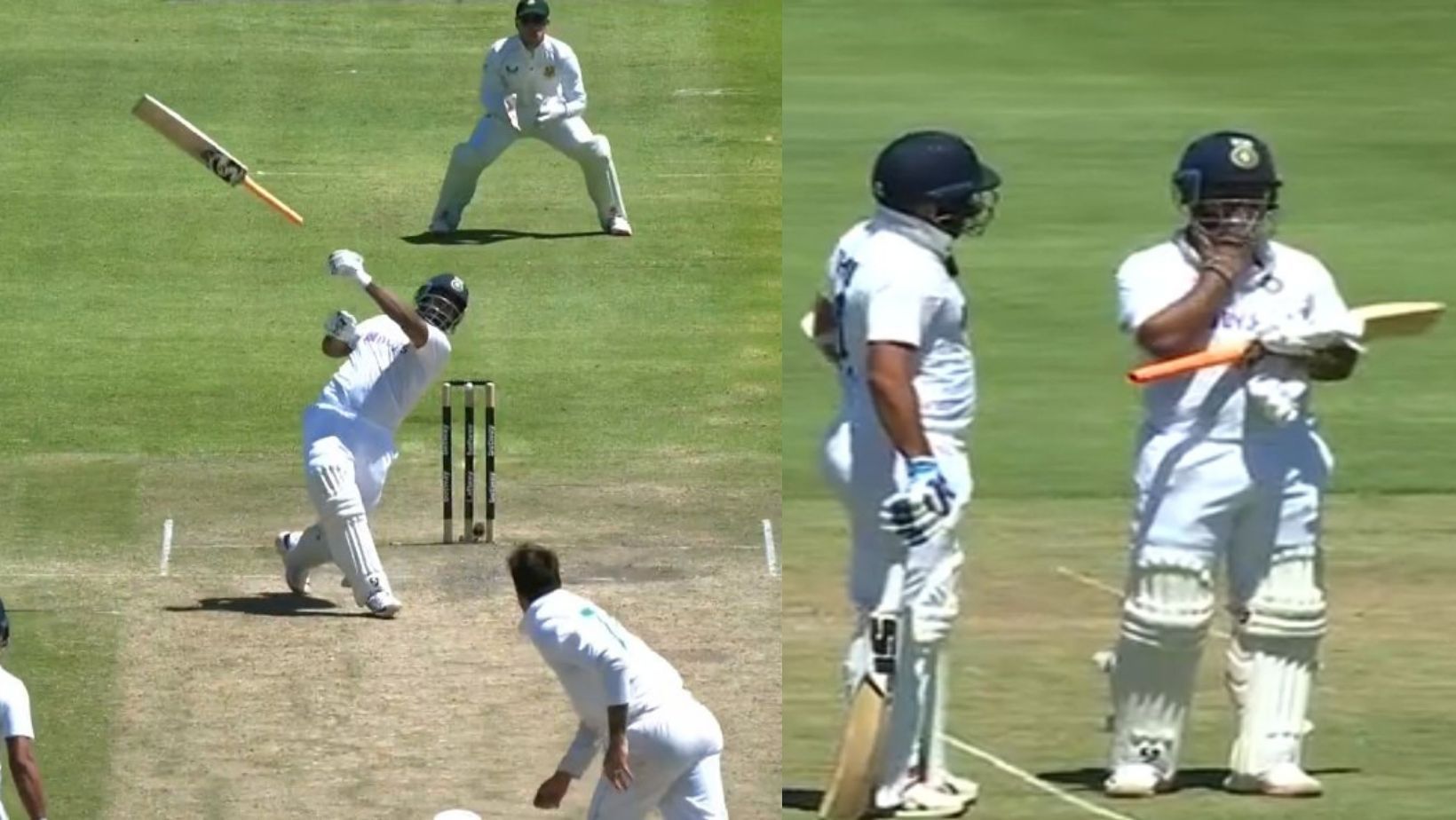 Rishabh Pant&#039;s flying bat (L) and his mark of respect to it.