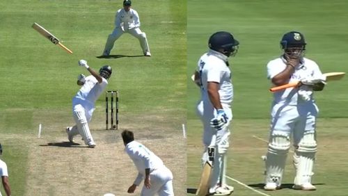 Rishabh Pant's flying bat (L) and his mark of respect to it.