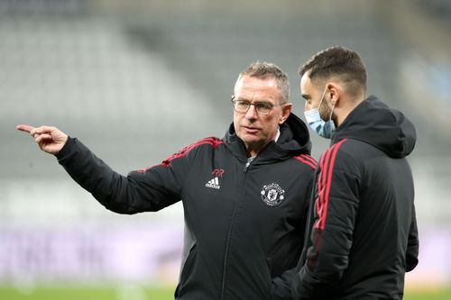 Manchester United interim manager Ralf Rangnick (left)