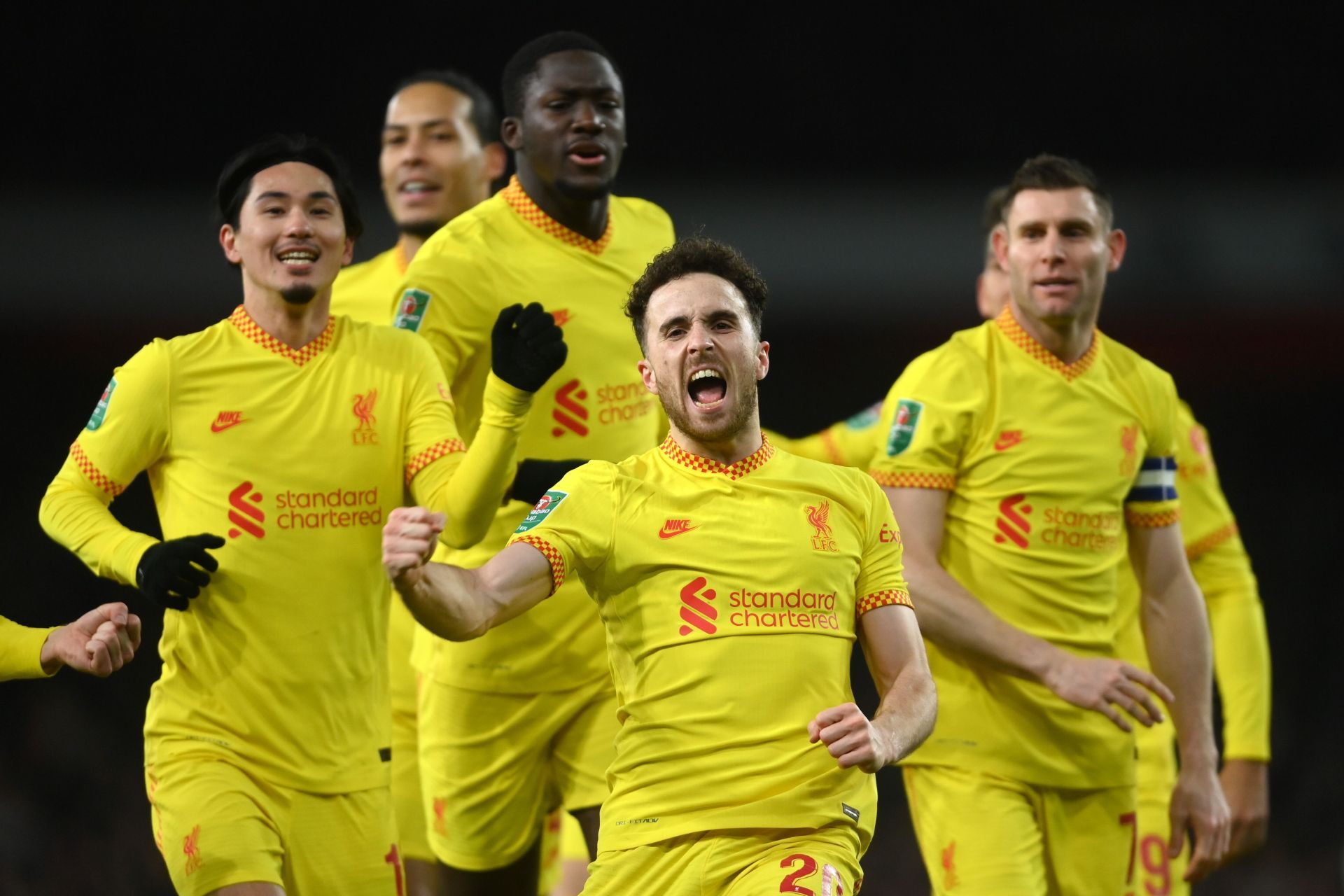 Diogo Jota celebrates after scoring a goal.