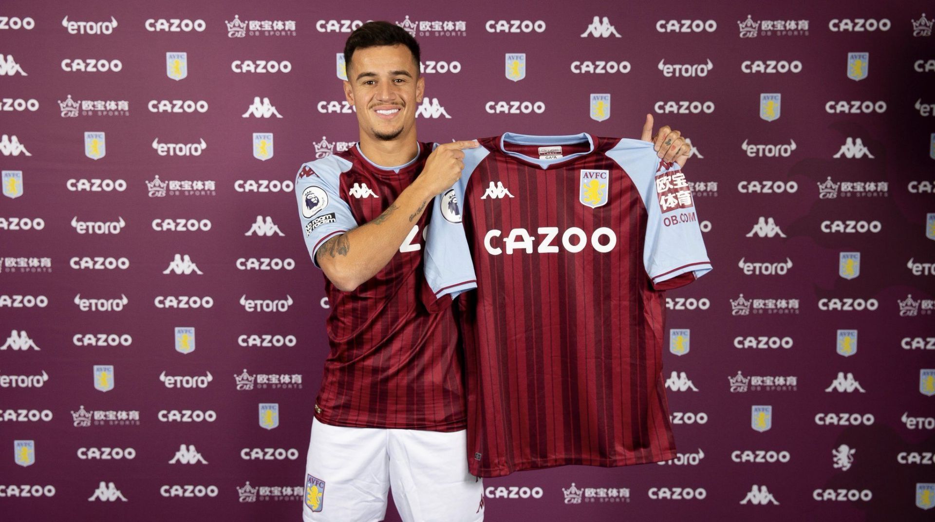 Philippe Coutinho revealing his Aston Villa jersey