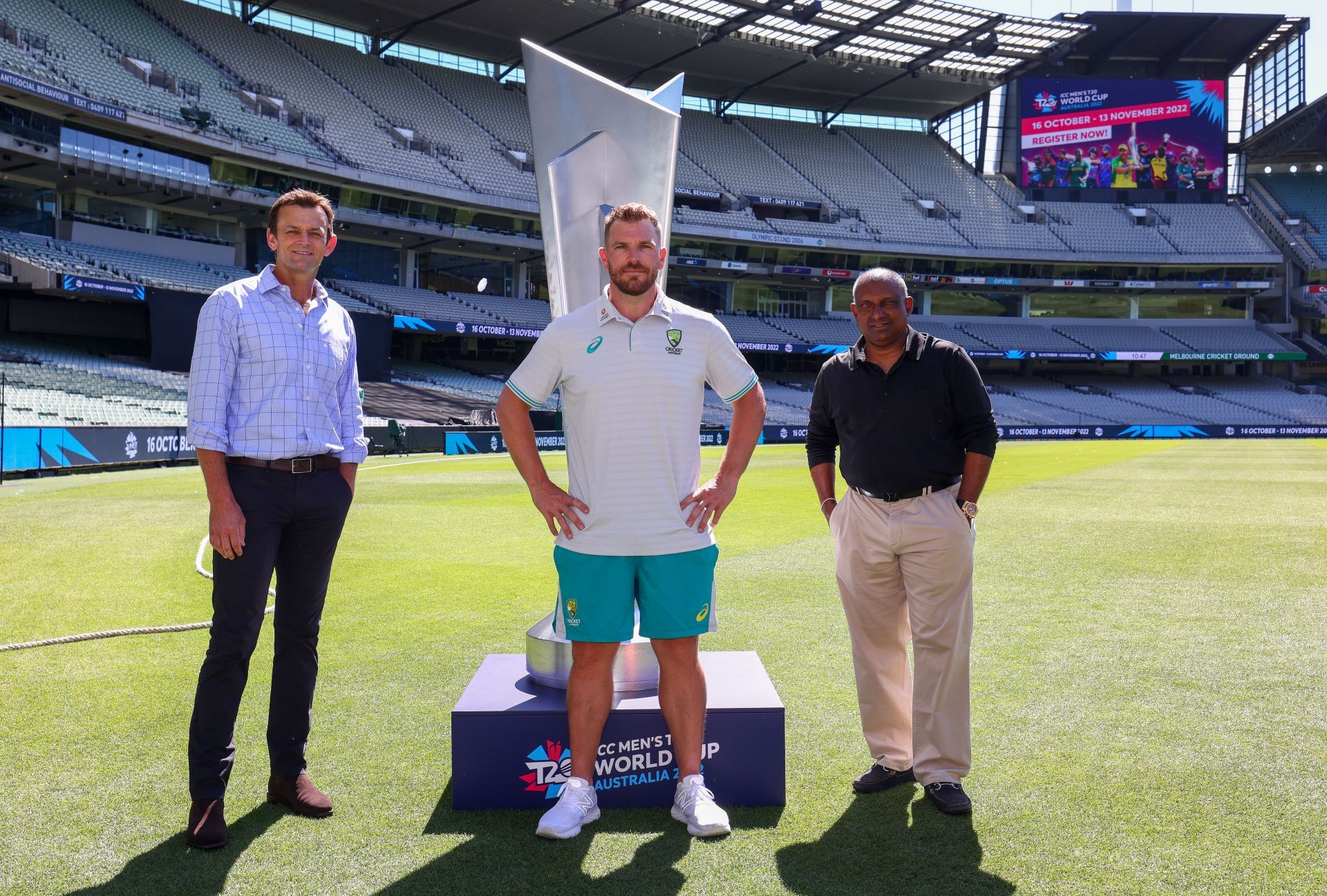 From left to right, Adam Gilchrist, Aaron Finch and Aravinda de Silva at the T20 World Cup 2022 fixture launch. Pic: Getty Images T20 World Cup 2022