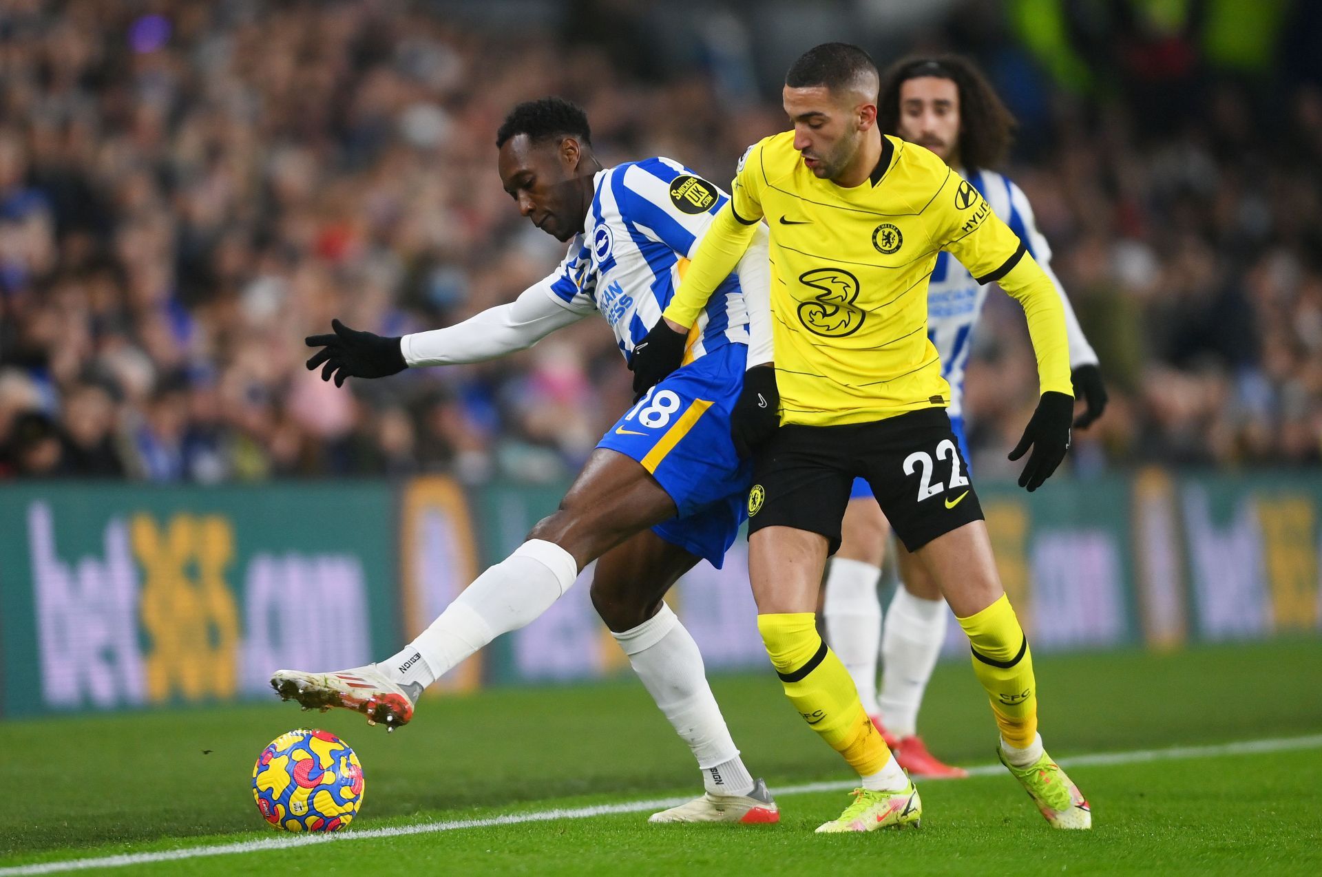 Hakim Ziyech tussles \for the ball against Brighton.