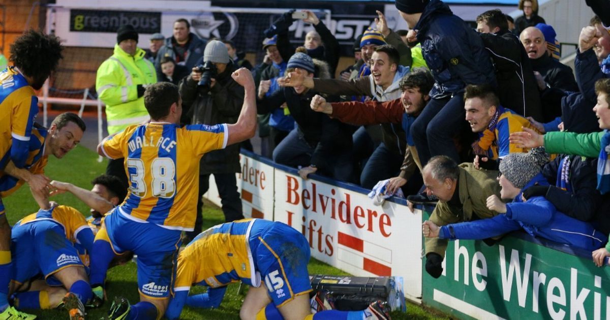 Shrewsbury celebrates their goal against Sheffield Wednesday.