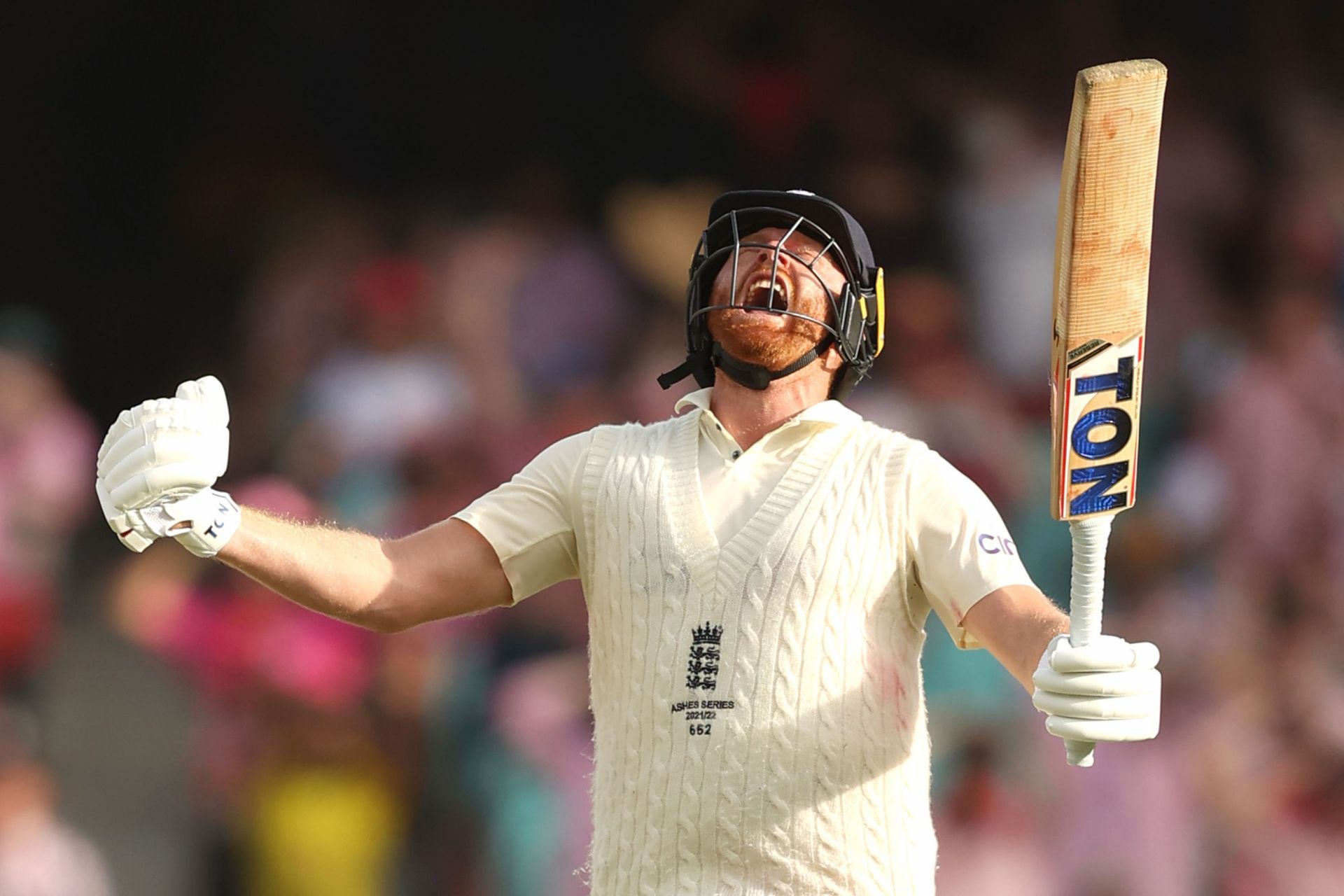 Jonny Bairstow celebrates a hard-fought hundred. Pic: Getty Images